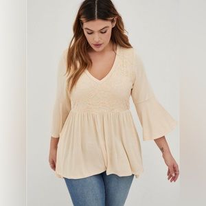 Babydoll Knit V-Neck Lace Bodice Flare Sleeve Top